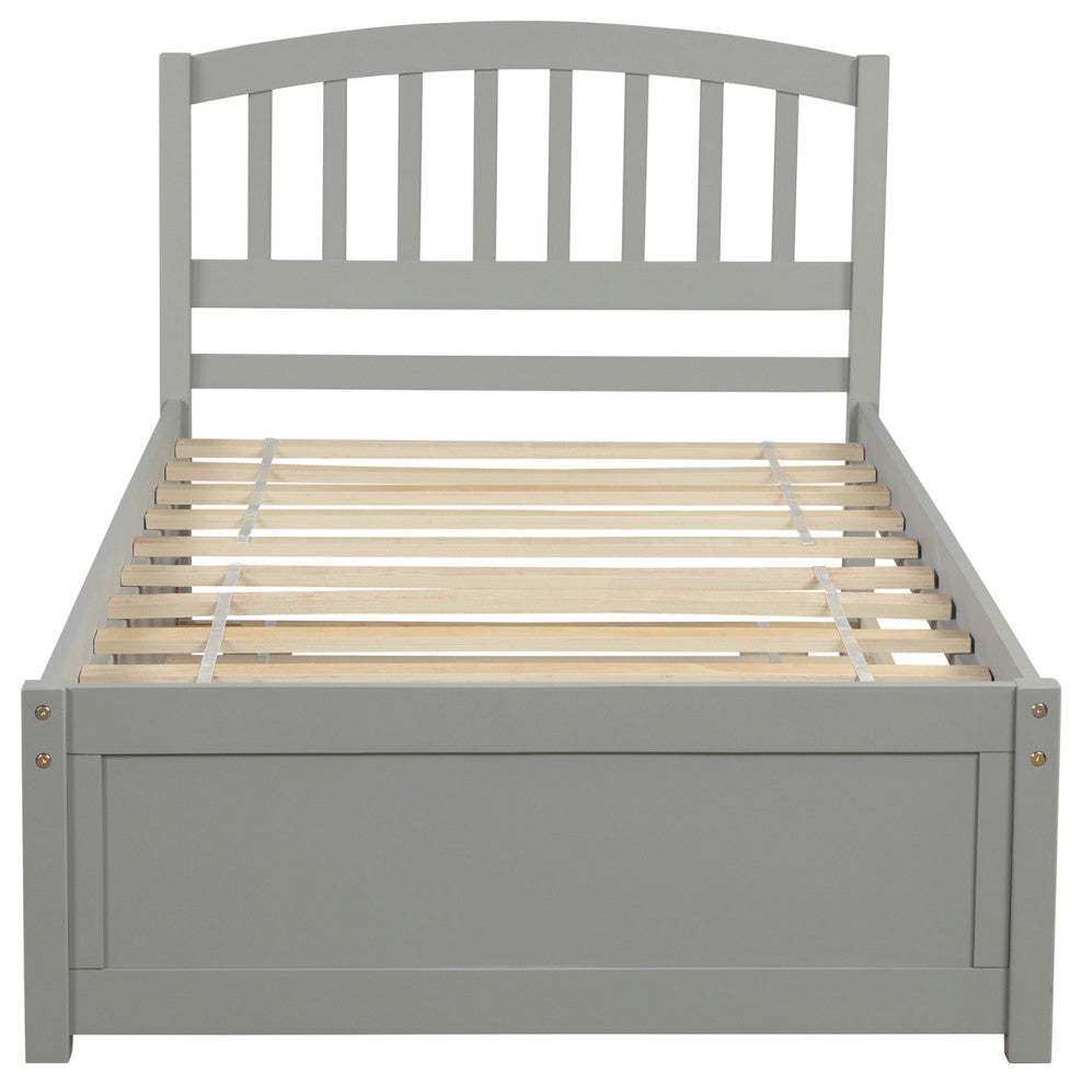 TATEUS Twin Platform Bed With Trundle, Wood Bed Frame With Headboard, Gray