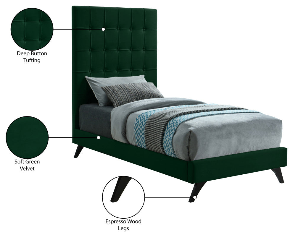 Elly Velvet Upholstered Bed, Green, Twin