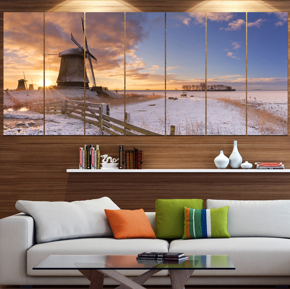 Dutch Windmills at Sunrise, Abstract Canvas Art Print, 83"x32", 7 Panels