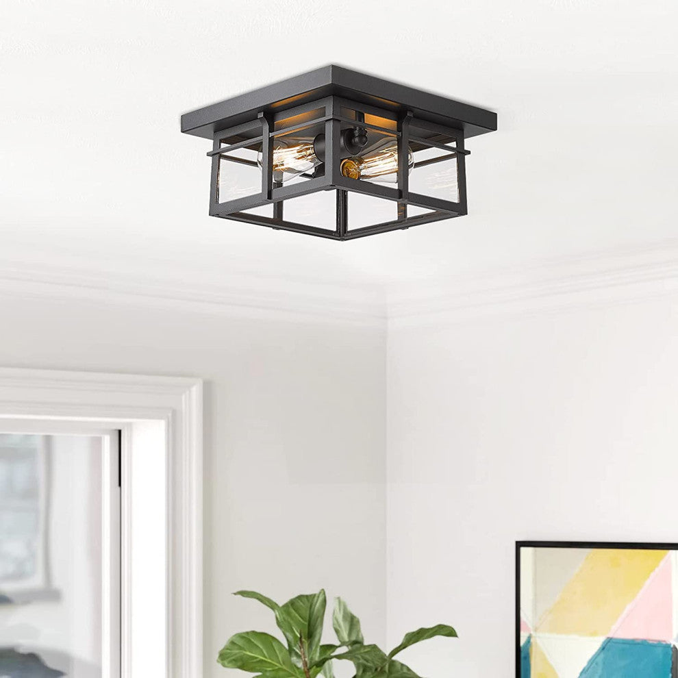 2 Light Farmhouse Flush Mount Ceiling Light Fixture Glass Black Close to Ceiling