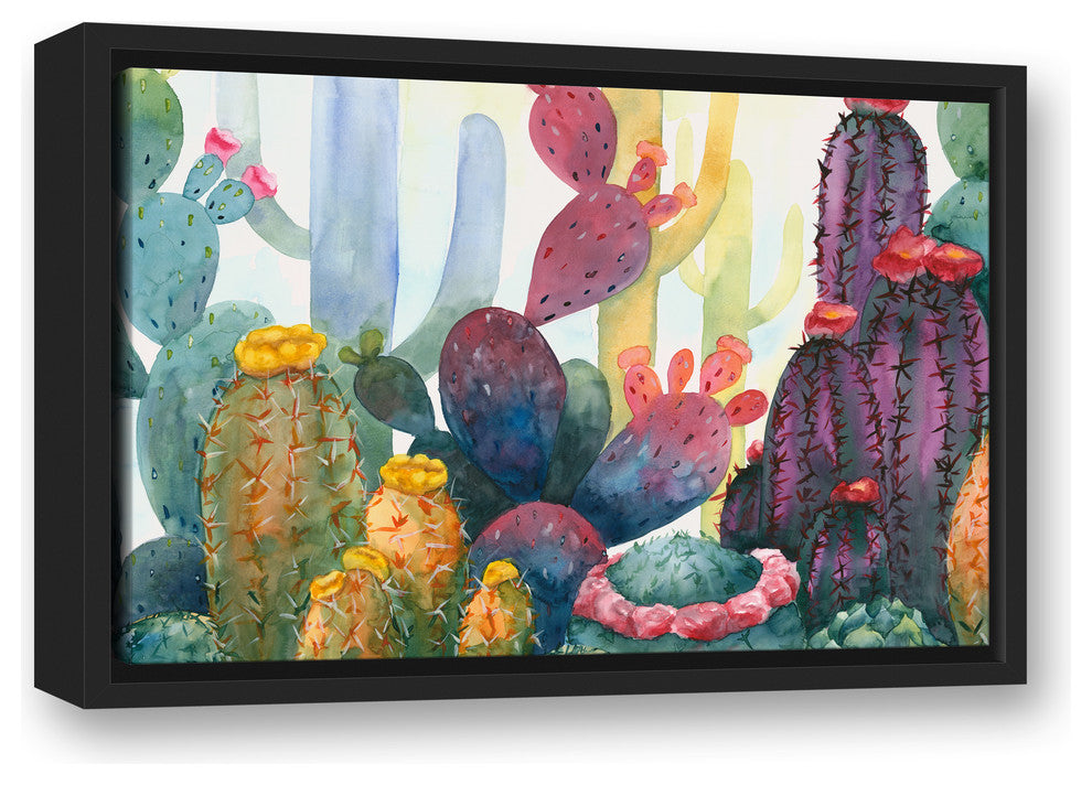Colorful Blooming Cactus 12x18 Black Floating Framed Canvas