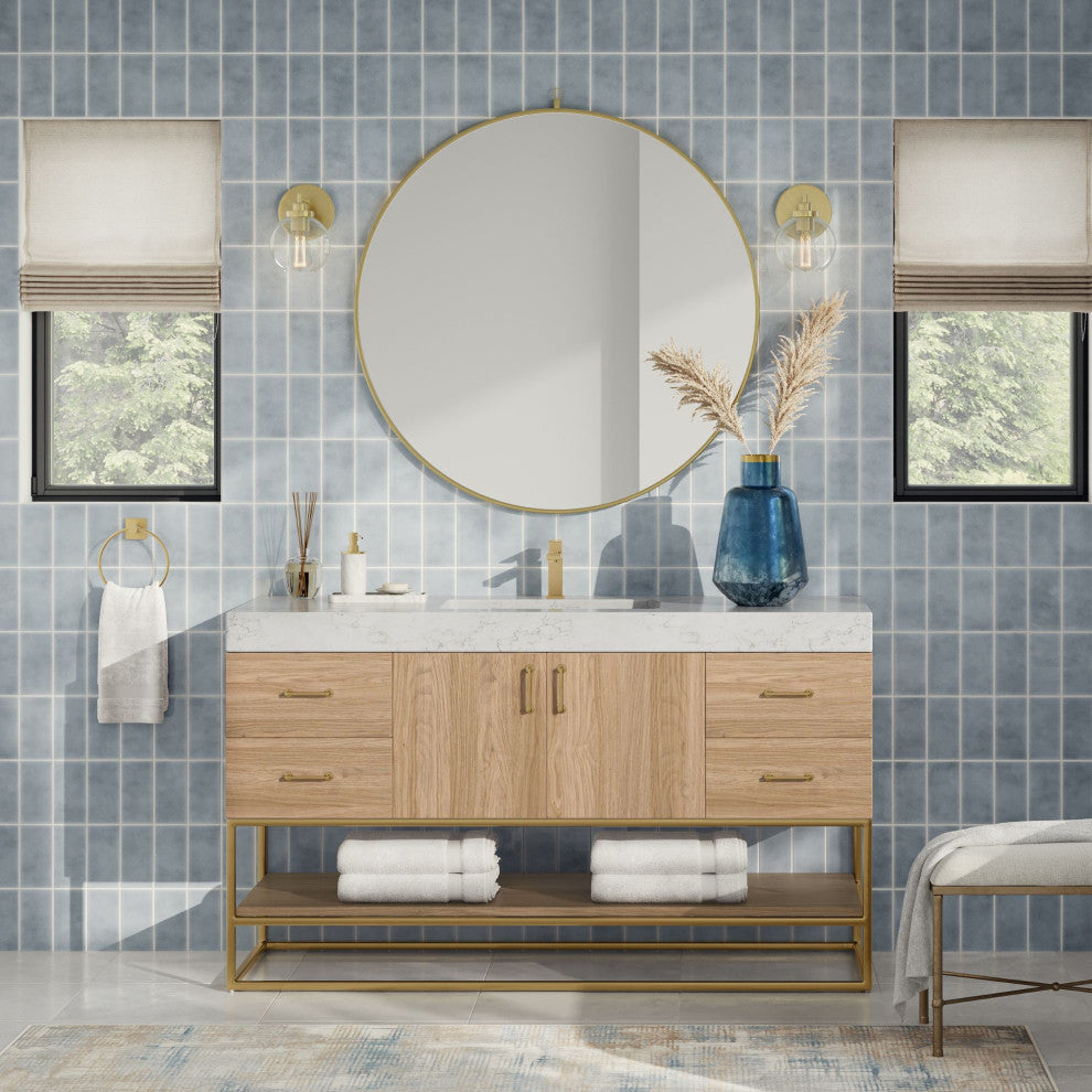 Bahia Bath Vanity, Oak, 60", Brushed Gold Hardware, Single, Freestanding