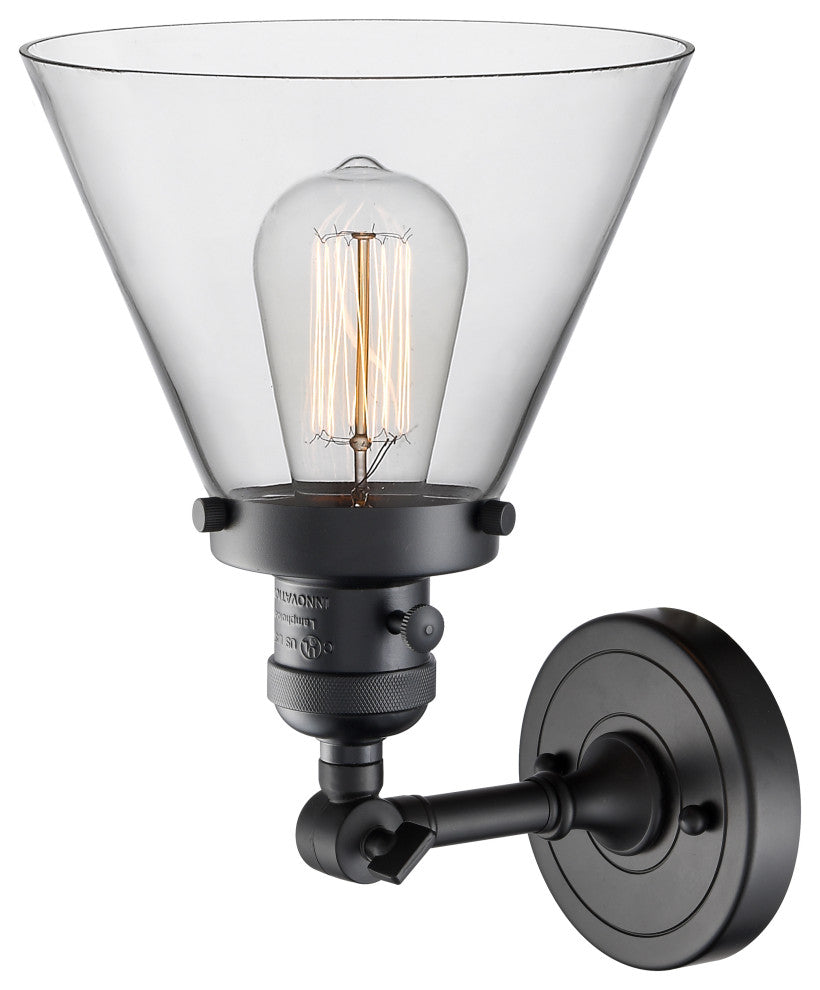 Large Cone 1-Light Sconce, Matte Black, Glass: Clear