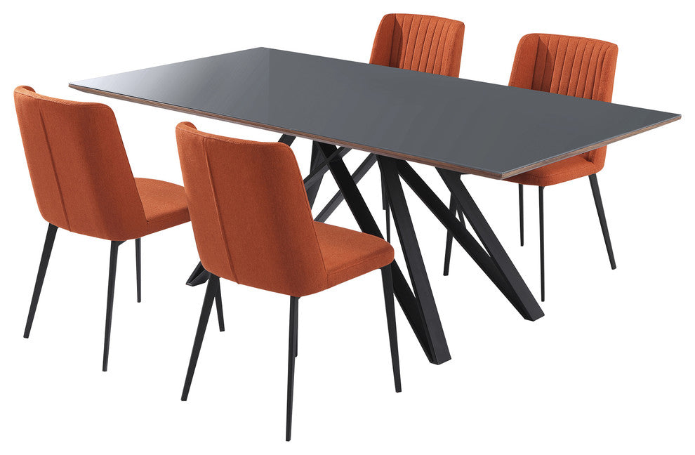 Arles Gray Glass 5-Piece Metal Dining Set, Orange Chairs