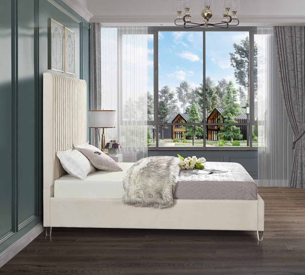 Candace Velvet Upholstered Bed, Cream, Queen