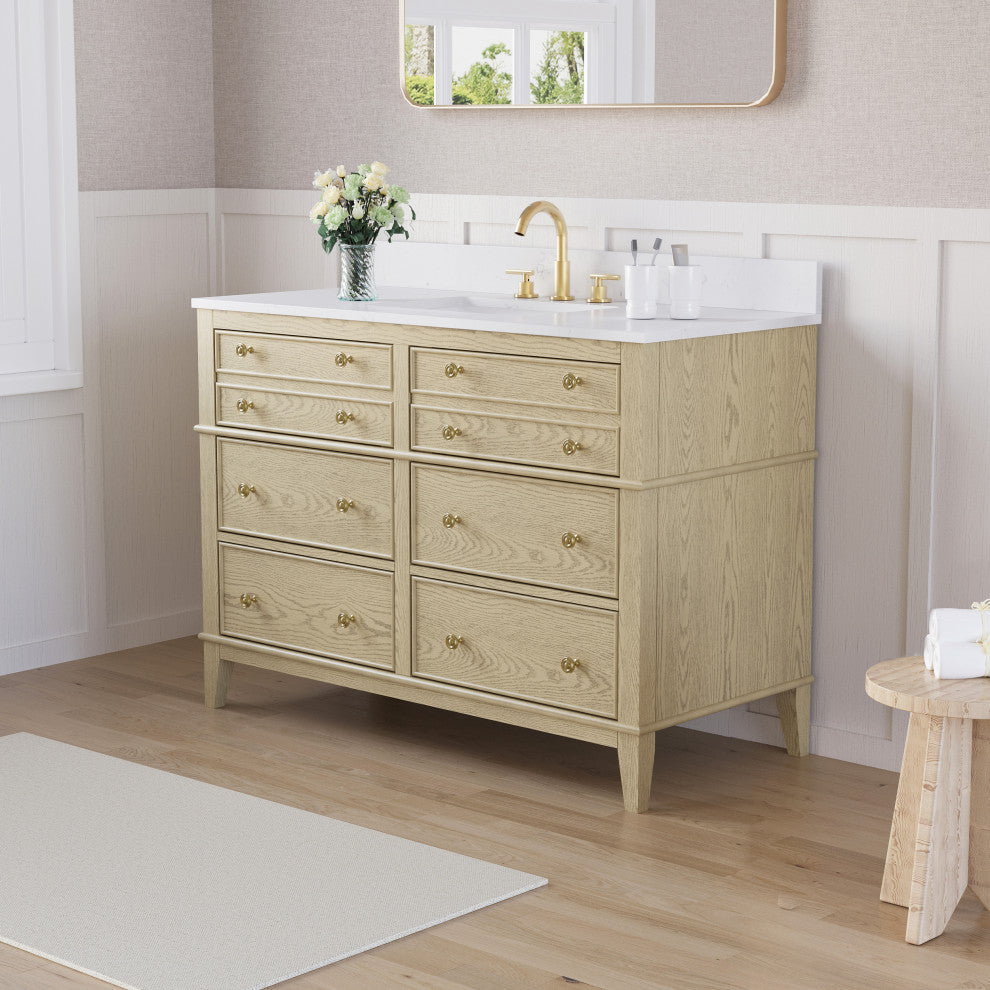 Oak Solid Wood Bath Vanity with White Quartz Top, Soft-Close, CUPC Certified, 48"