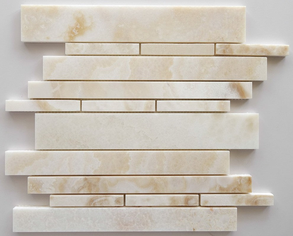 Premium White Onyx CROSS-CUT Polished Random Strip Mosaic Tile