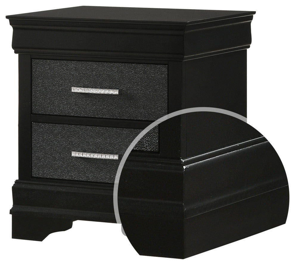 Benzara BM222442 2 Drawer Wooden Nightstand with Studded Accent, Black