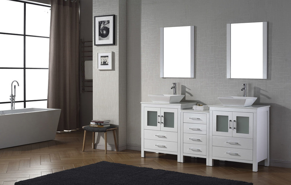 Virtu Dior 74" Double Bathroom Vanity, White With Faucet and Mirrors