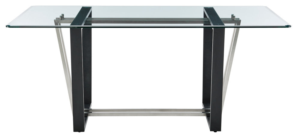 Kai 72" Glass Tabletop Dining Table Black and Stainless Steel Base