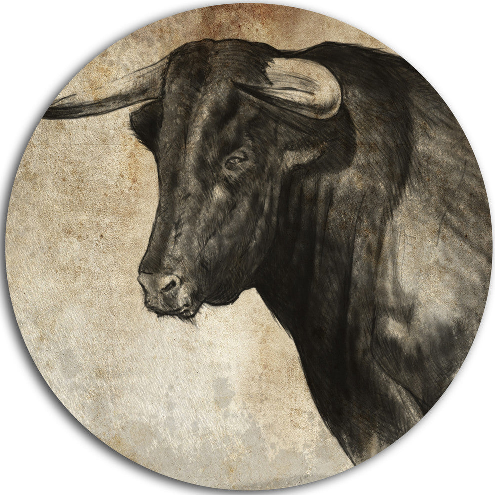 Spanish Bull Sketch, Animal Round Metal Wall Art, 11"