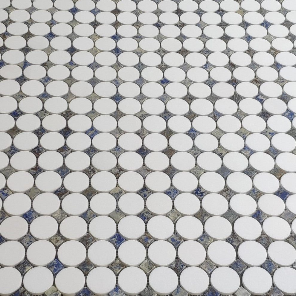 Thassos White Marble Round Mosaic Tile Azul Macaubas Blue Dots Honed, 1 sheet