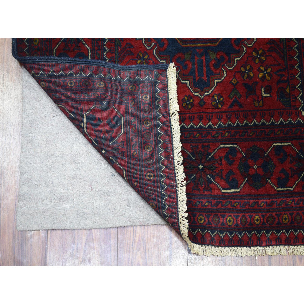 Red Geometric Design Hand Knotted Afghan Khamyab Runner Orientel Rug, 3'x9'10"