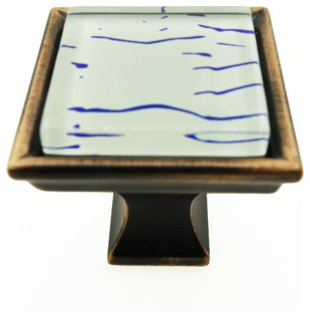 Hand Painted Abstract Blue Lines Crystal Glass Oil Rubbed Bronze Classic Knob