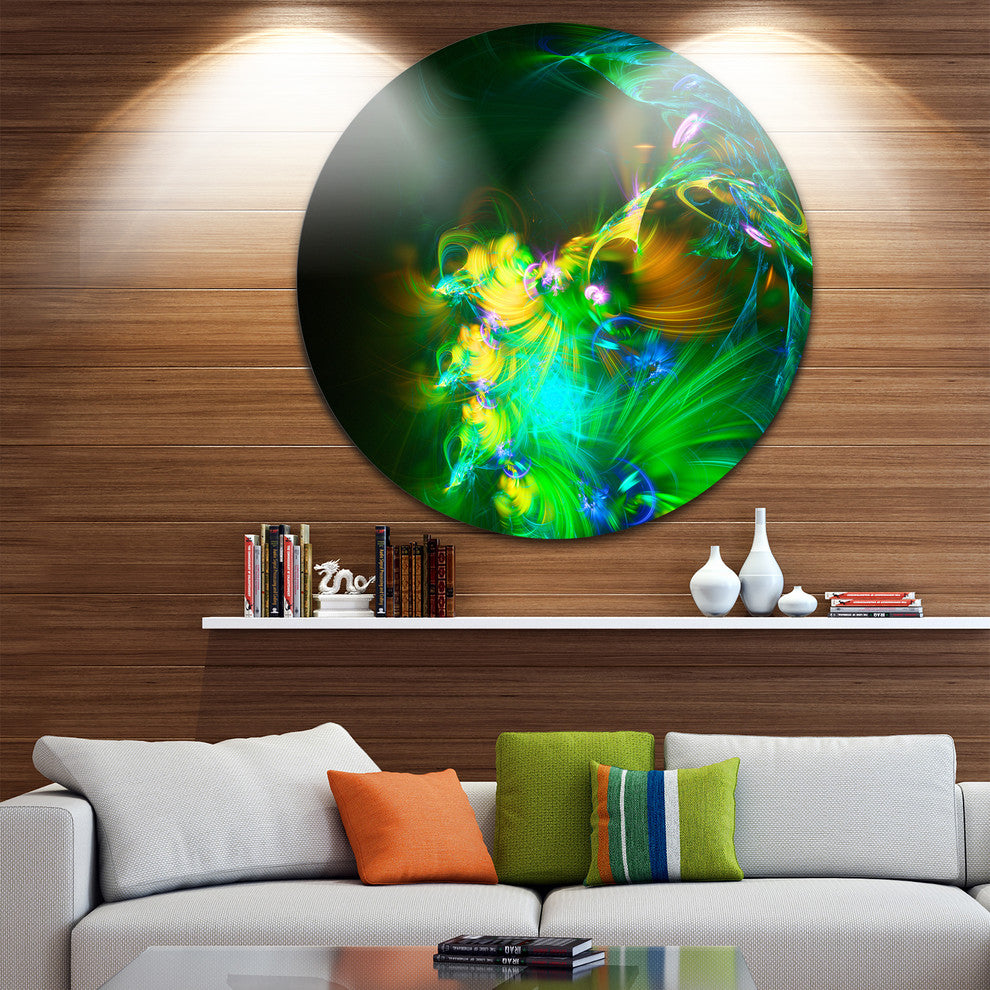 Bright Green Fractal Flower In Dark, Abstract Disc Metal Wall Art, 23"