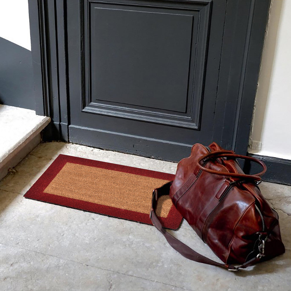 Sheltered Front Door Mat Coir Coco Fibers Rug 24x13, Natural/Red Borders