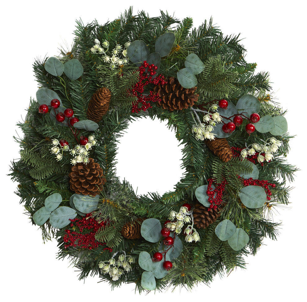 Nearly Natural 24ï¿½ Eucalyptus and Pine Wreath with Berries and Pine Cones