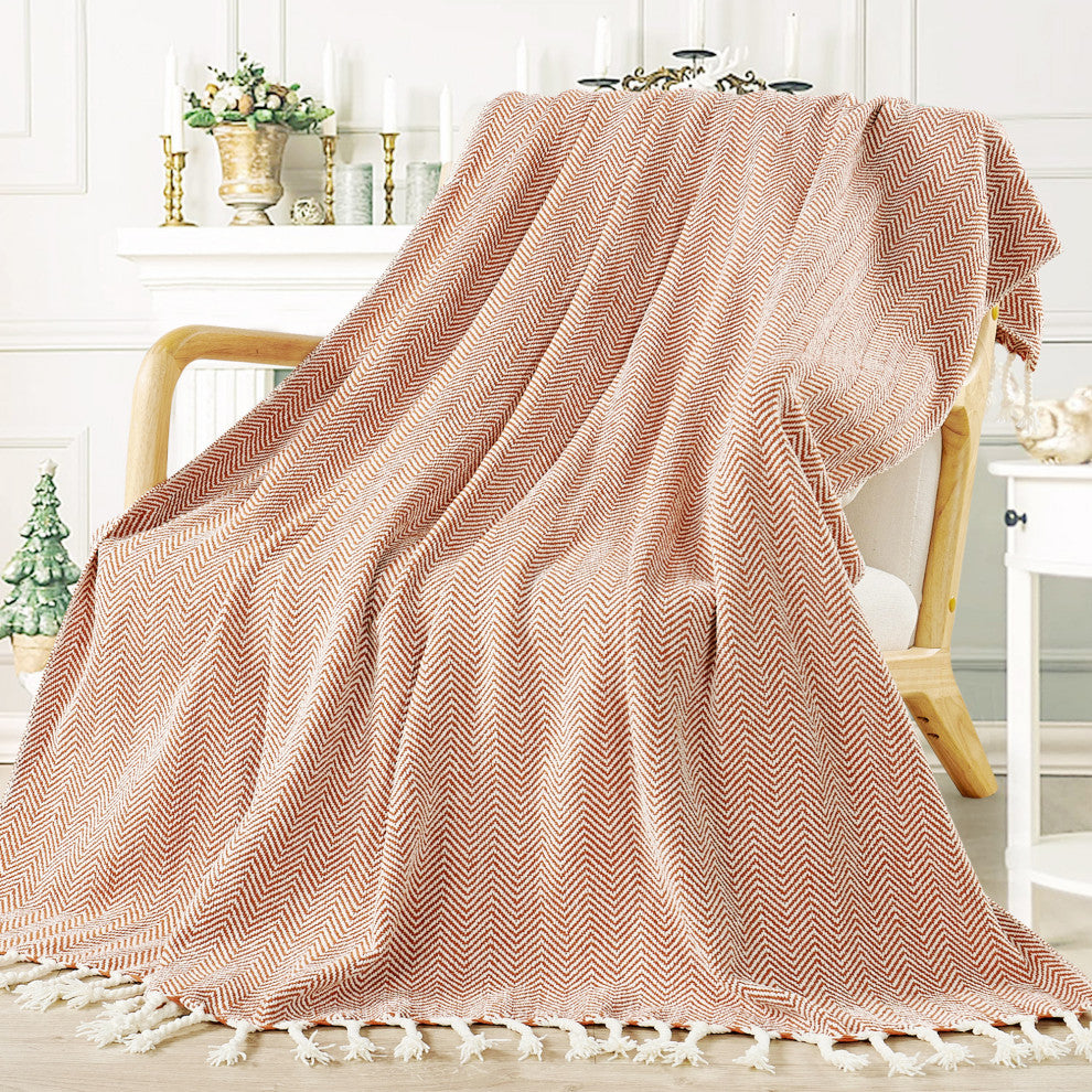 Chevron Knit Woven Throw Blanket, Rust