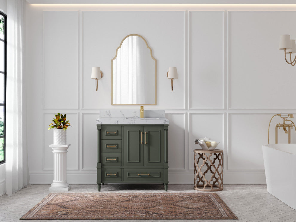 Aberdeen 36 Right Offset Bath Vanity in Pewter Green 2" Venatino Quartz