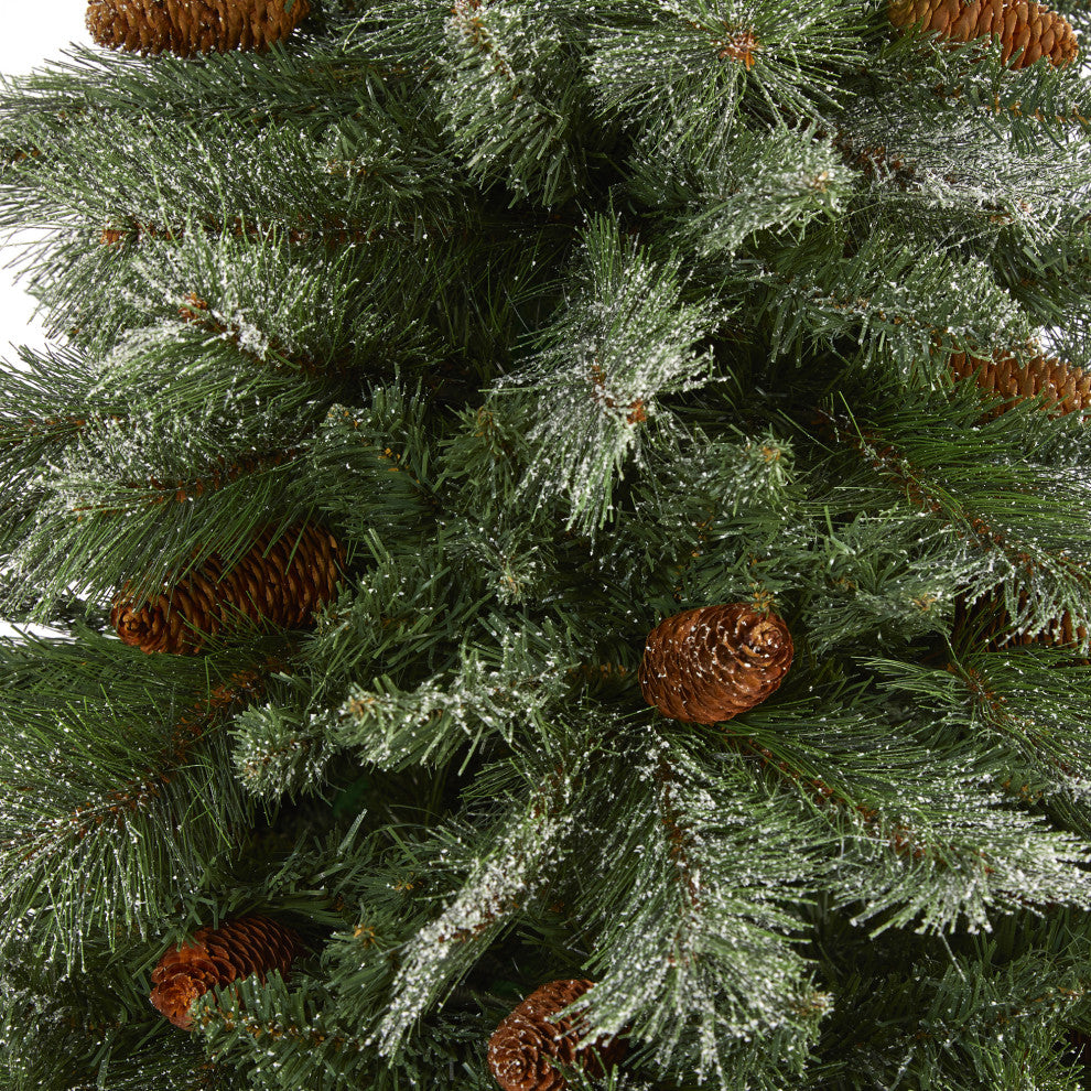 7' Snowed French Alps Mountain Pine Faux Xmas Tree W/Bendable Branches, Pinecone