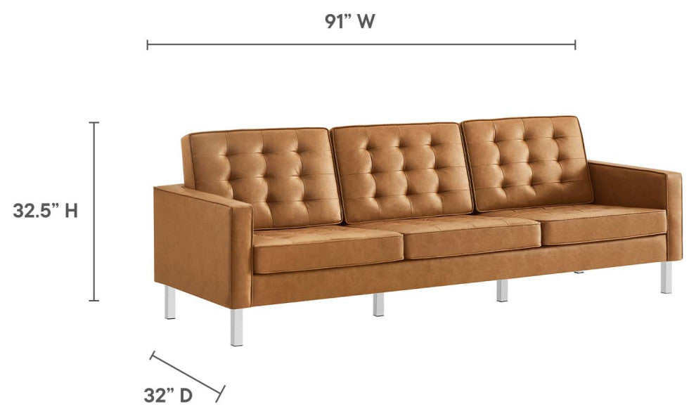 Loft Tufted Vegan Leather Sofa and Ottoman Set, Silver Tan