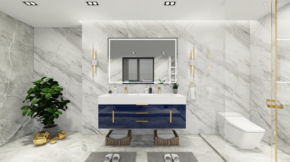 Madison 60" Wall Mounted Double Sink Vanity with Reinforced Acrylic Sink, High Gloss Blue