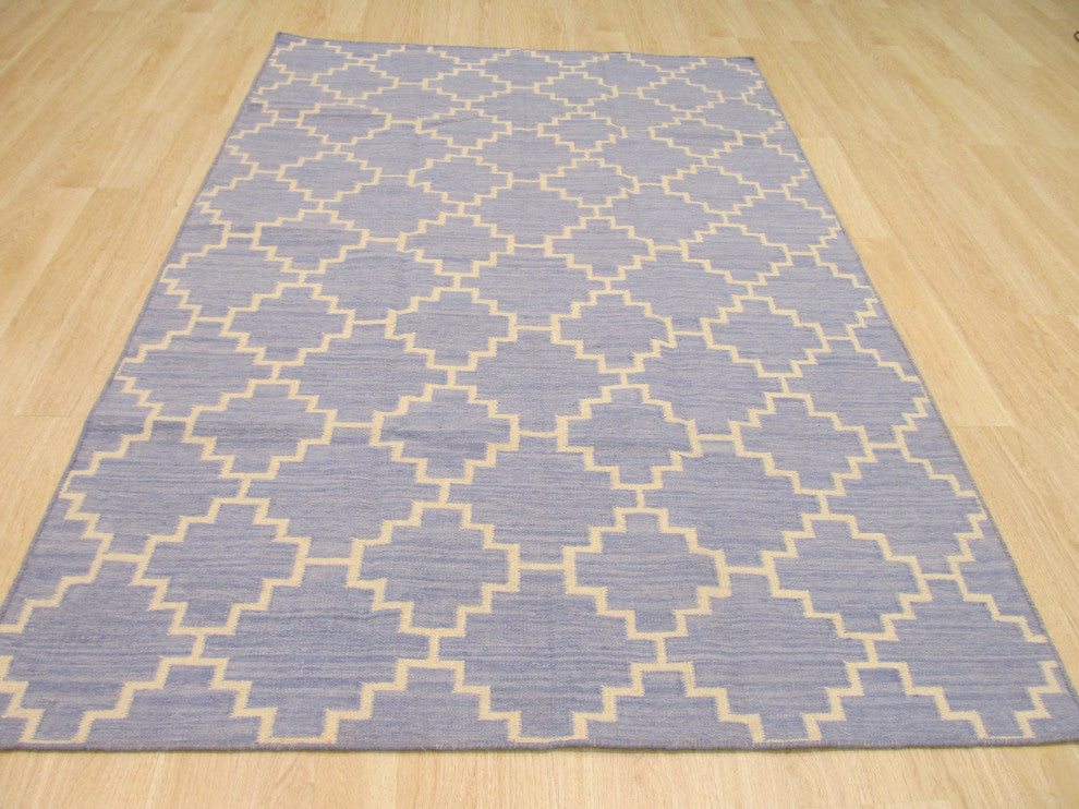 Handmade Wool Blue Contemporary Trellis Flatweave Reversible Moroccan Rug, 5'x8'