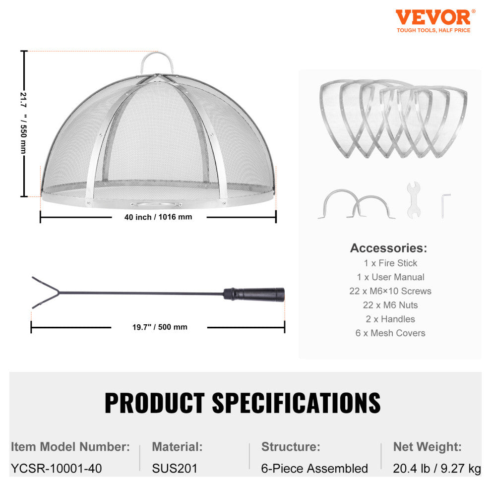 VEVOR 40" Fire Pit Round Wood Burning Spark Screen Cover Lid Stainless Steel