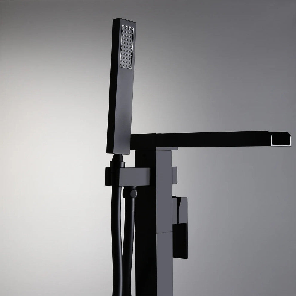 Modern Waterfall Freestanding Bathroom Bathtub Faucet Floor Mount Tub Filler, Matte Black