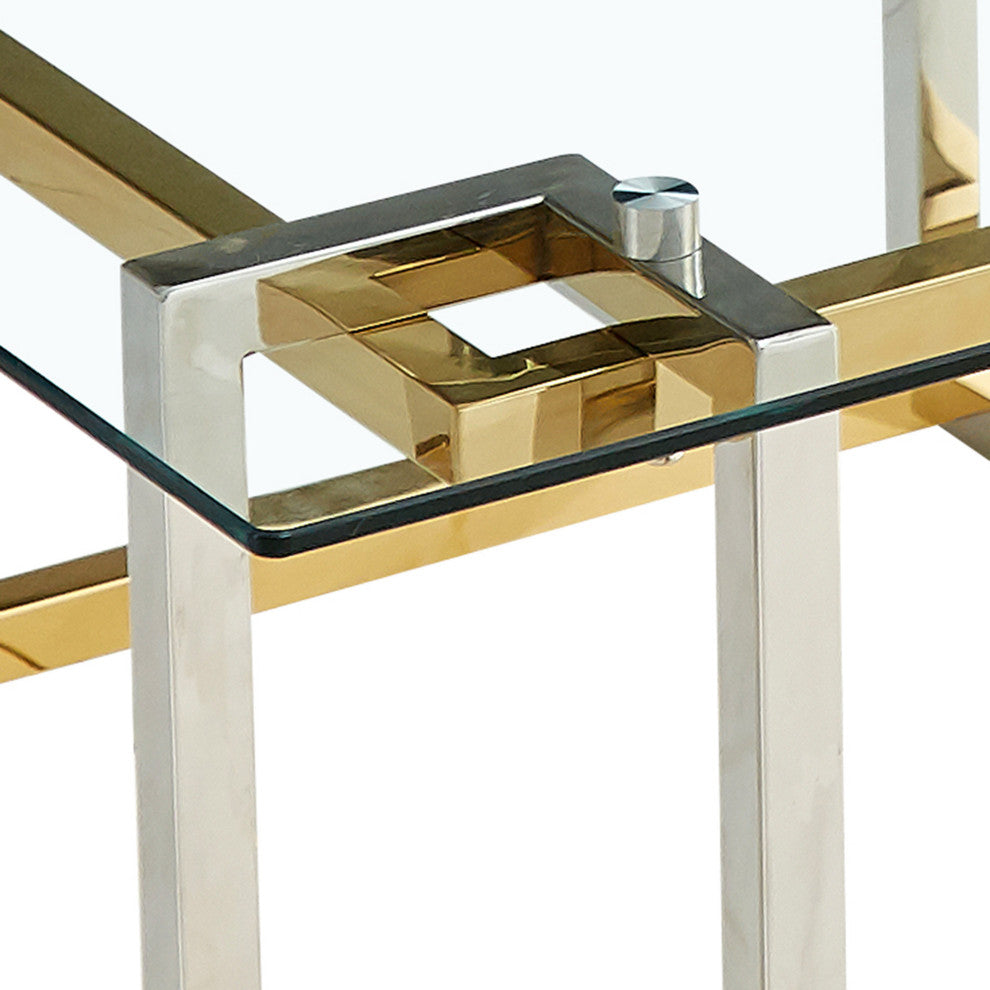 Contemporary Rectangular Glass and Metal Coffee Table, Silver/Gold