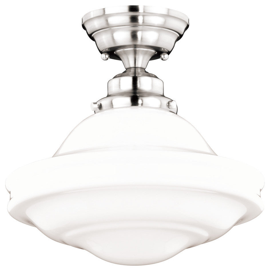 Vaxcel Huntley 12" Flush Mount, Satin Nickel, Milk Glass