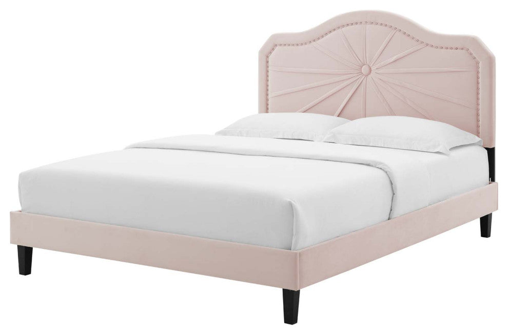 Platform Bed Frame, Full Size, Velvet, Pink, Modern Contemporary, Bedroom Master