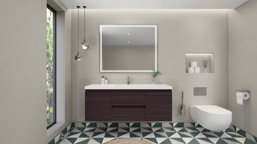 Belli 60" Single Sink Wall Mount Single Vanity, Dark Gray Oak, Glossy White Top