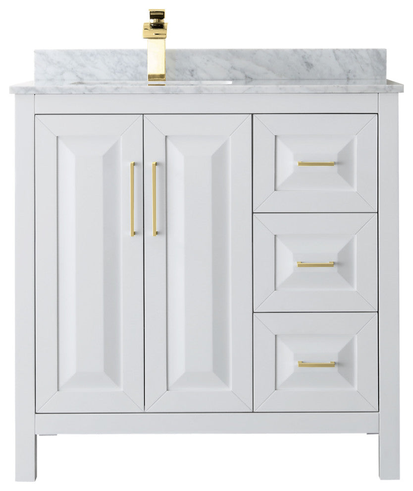 36" Single Bath Vanity, White, White Carrara Countertop, Sink, Gold Trim