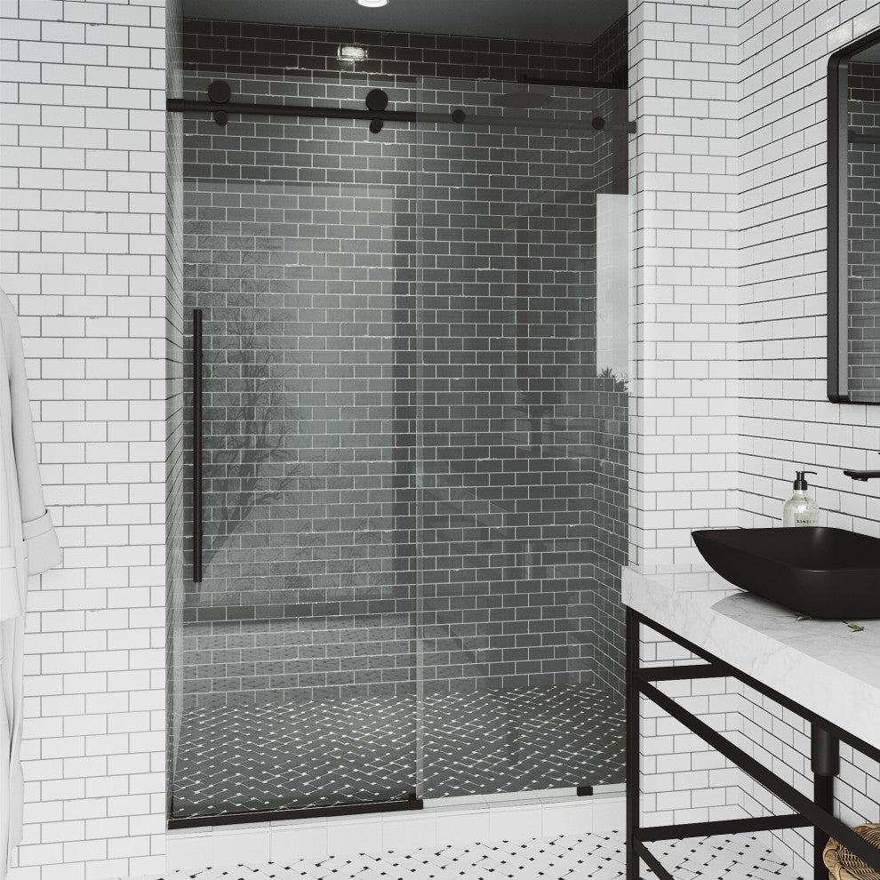 VIGO Elan E-Class 68" to 72" W x 76" H Frameless Sliding Shower Door, Matte Black, Clear Glass