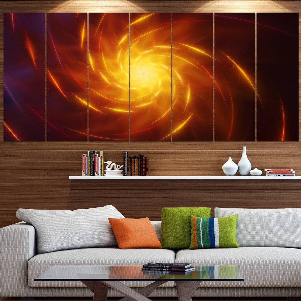 Yellow Whirlpool Fractal Spirals, Abstract Art on Canvas, 83"x32", 7 Panels
