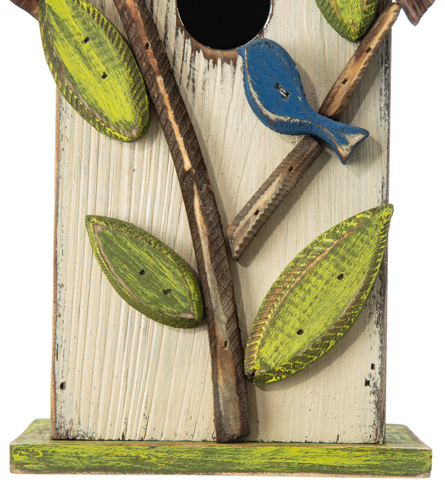 9.75"H Washed White Distressed Solid Wood Birdhouse With 3D Tree and Bird