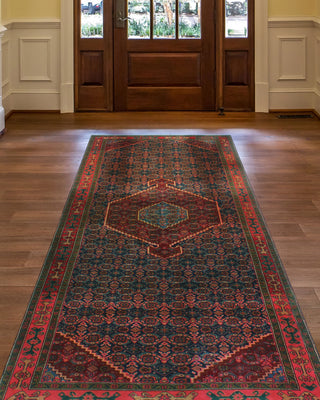 Fine Vintage Distressed Kirman Burgundy/Navy Runner, 4'3x9'3