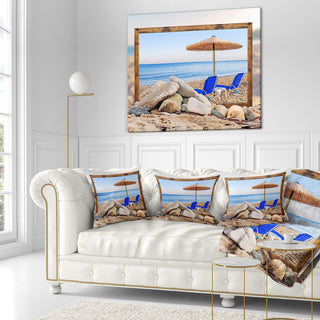 Framed Effect Beach with Chairs Umbrella Seashore Photo Throw Pillow, 16"x16"