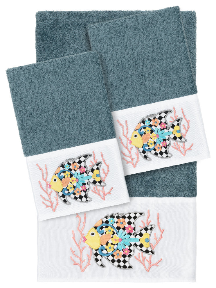 Linum Home Textiles Turkish Cotton Feliz 3-Piece Embellished Towel Set, Teal