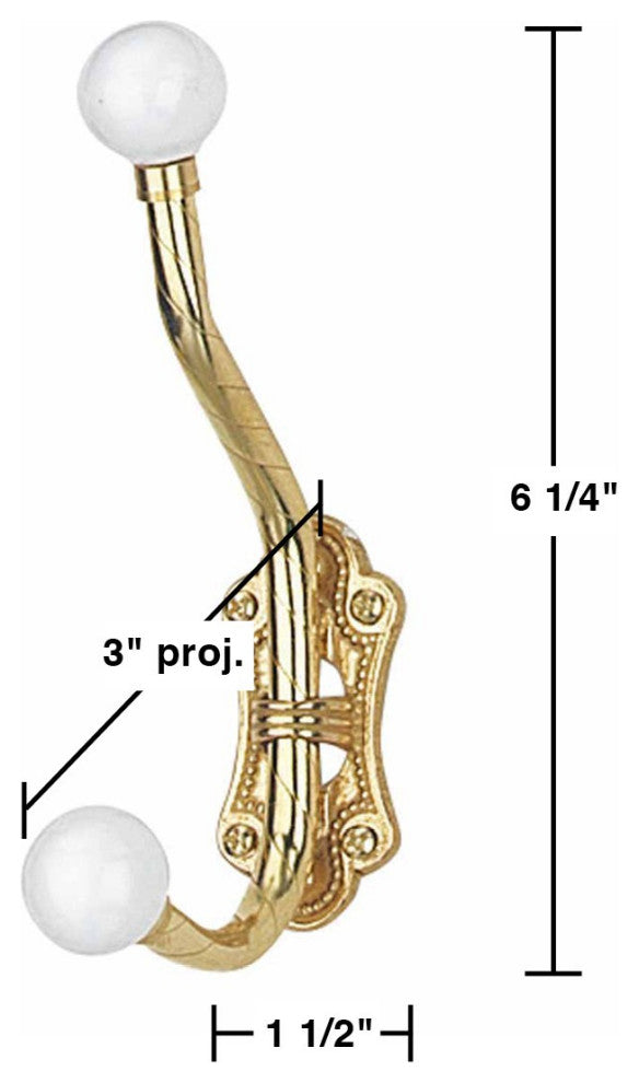 Double Coat Hook 6.25" L Brass Polished White Porcelain Ball Tip Style Pack of 4
