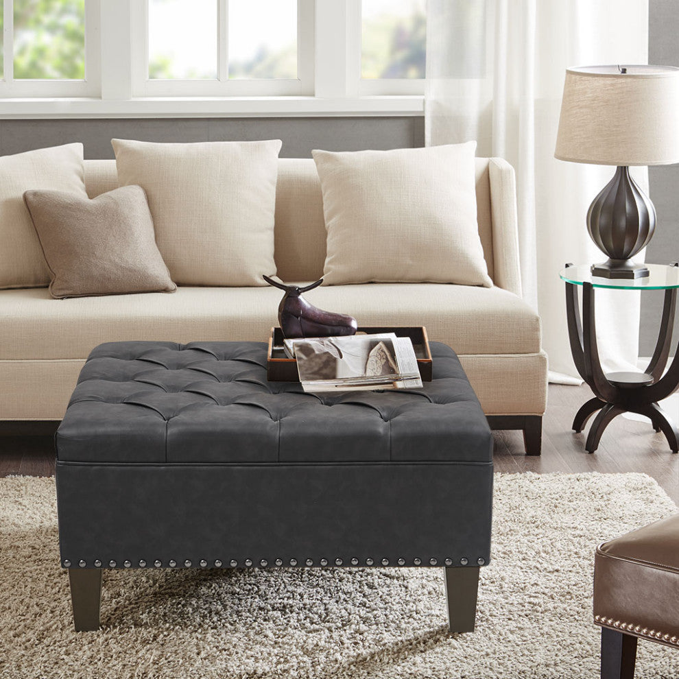 Madison Park Leathered Tufted Square Ottoman, Charcoal Grey