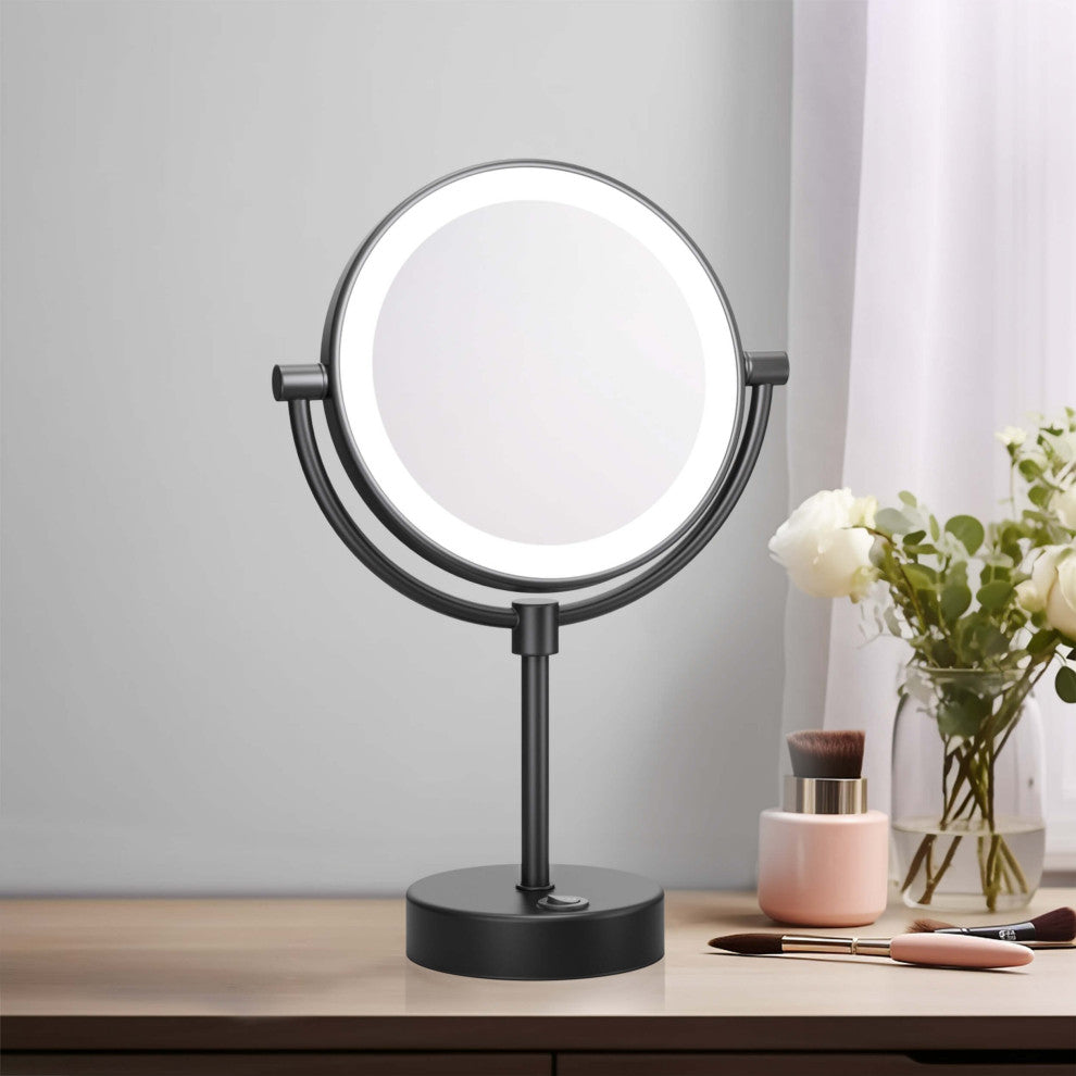 Circular LED Free Standing Magnifying Make Up Mirror, Matte Black