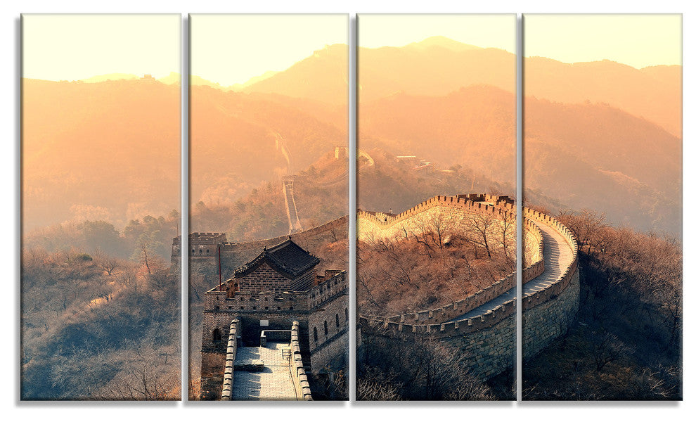 China Great Wall Morning, Landscape Canvas Art Print, 48"x28", 4 Panels