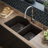 Karran Undermount Quartz 32" 60/40 Double Bowl Kitchen Sink Kit, Brown