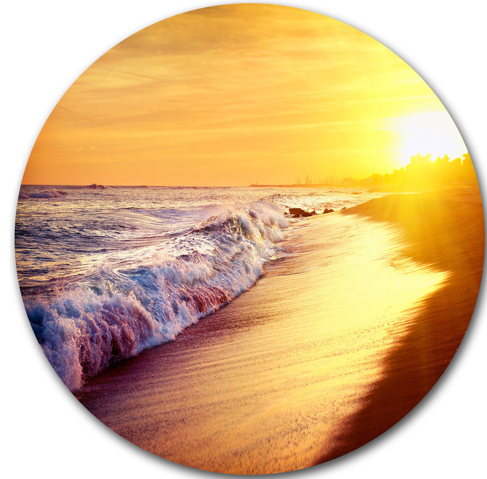 Bright Yellow Sky With Foam Waves, Seashore Disc Metal Wall Art, 11"