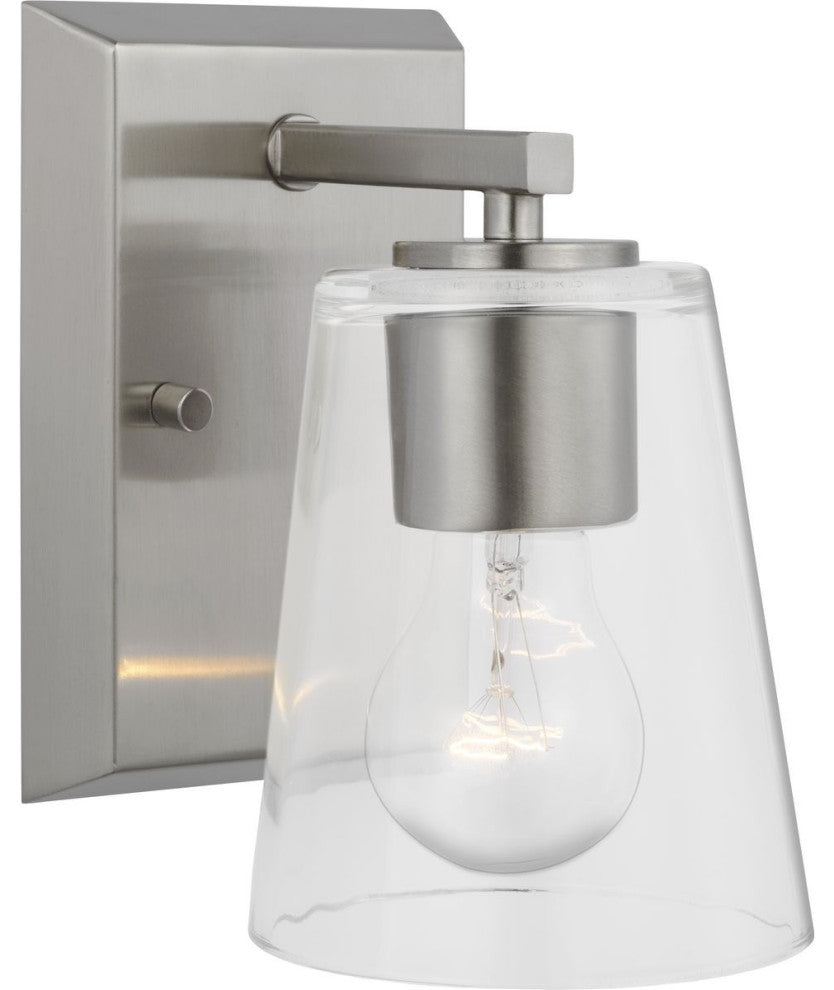 Vertex Collection One-Light Brushed Nickel Clear Glass Contemporary Bath Light