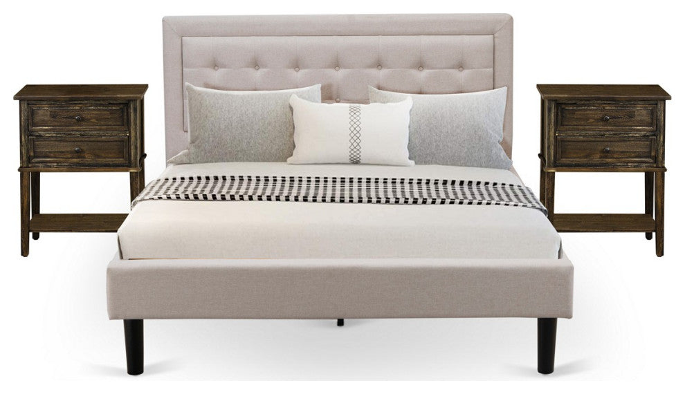 3Pc Fannin Bed Set, 1 Wingback Bed, 2 Small Nightstands, Mist Beige