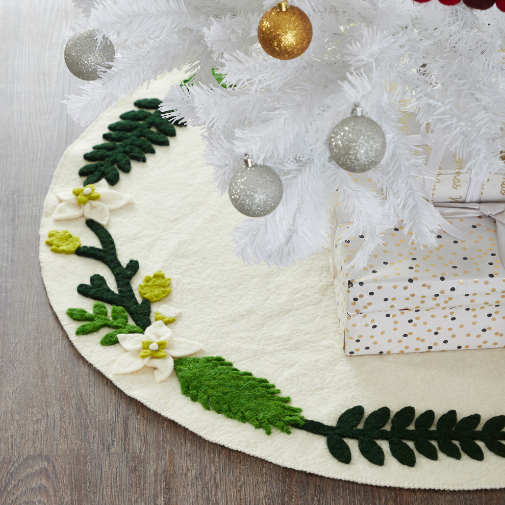 Handmade Christmas Tree Skirt in Felt, Greenery Border on Cream, 60"