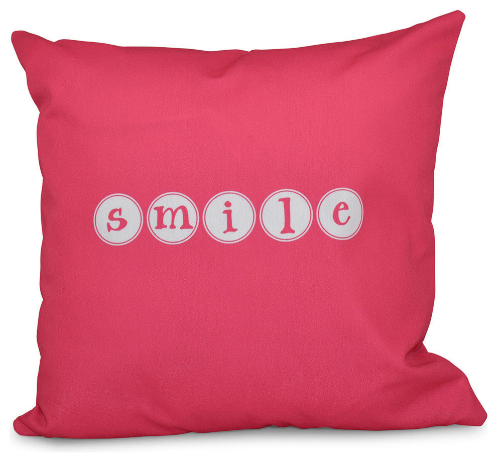 18"x18" Smile, Word Print Pillow, Bright Pink